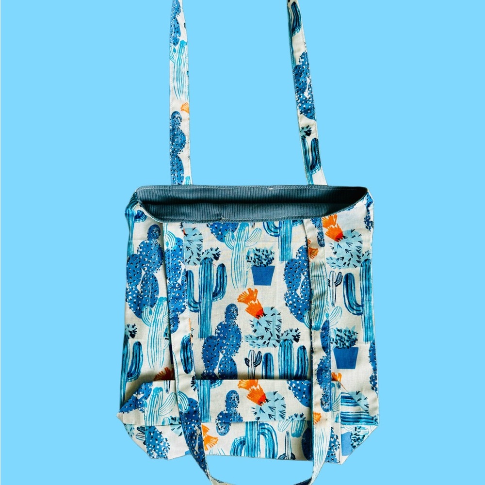 Handmade Cactus Print Tote Bag - Blue and Orange